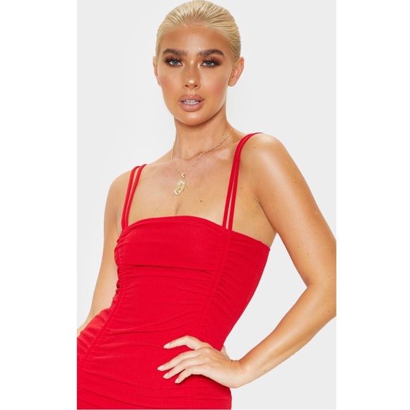 PrettyLittleThing Red Ruched Front Strappy Bodycon Dress - Picture 3 of 7